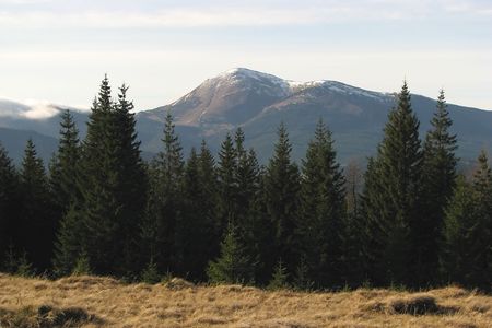 Mountainous summit. Mount Petros in the East Carpathian Mts. Mountainous landscape in the autumn.