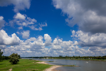 The shore of the Rhine river in Dusseldorf heading north.