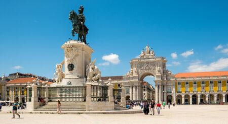 LISBON, PORTUGAL, - JUNE, 3, 2019:   The statue of King Jose in front of Rua Augusta Arch on Commerce Square (Praca do Comercio) in Lisbon, Portugal.のeditorial素材