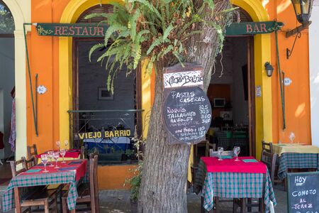 COLONIA, URUGUAY, - APRIL, 19, 2019: A pavement cafe and bar in Colonia, Uruguay, South America.のeditorial素材
