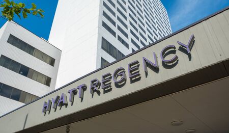 MINNAEPOLIS, USA, - AUGUST, 9, 2019: A Hyatt Regency sign in Minnaeoplis, Minnesota, USA.のeditorial素材