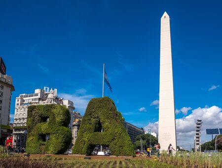 BUENOS ARIES, ARGENTINA, - APRIL, 17, 2019: The Obelisco de Buenos Aires, a national historic monument located in the centre of Buenos Aires, Argentina, South America.のeditorial素材