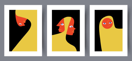 Portrait human surreal face wall art print. Printable minimal abstract poster. Wall artwork for interior design. Contemporary decorative background.のイラスト素材