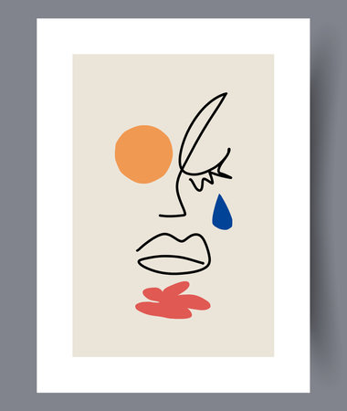 Portrait face upset woman wall art print. Contemporary decorative background with woman. Wall artwork for interior design. Printable minimal abstract face poster.のイラスト素材