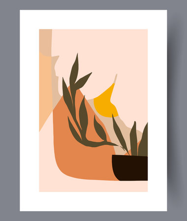 Still life plants nordic vase wall art print. Contemporary decorative background with vase. Printable minimal abstract plants poster. Wall artwork for interior design.のイラスト素材