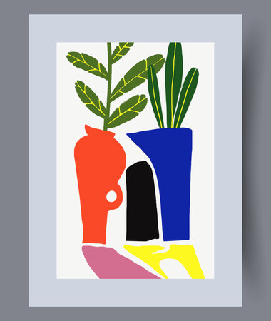 Still life twigs vases plants wall art print. Wall artwork for interior design. Printable minimal abstract twigs poster. Contemporary decorative background with plants.のイラスト素材