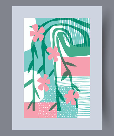 Still life flowers organic plants wall art print. Wall artwork for interior design. Printable minimal abstract flowers poster. Contemporary decorative background with plants.のイラスト素材