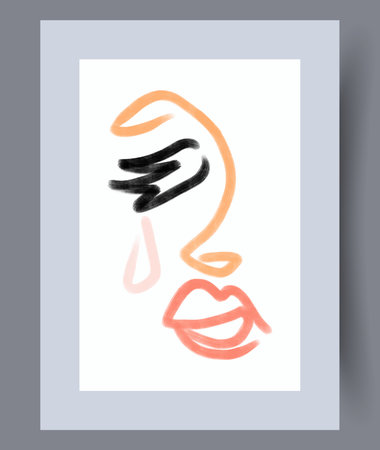 Portrait lady crying face wall art print. Contemporary decorative background with face. Wall artwork for interior design. Printable minimal abstract lady poster.のイラスト素材