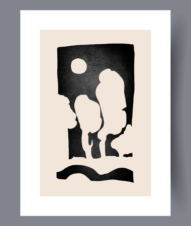 Landscape night wild nature wall art print. Printable minimal abstract night poster. Contemporary decorative background with nature. Wall artwork for interior design.のイラスト素材