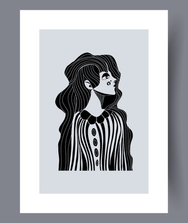 Portrait girl bohemian beauty wall art print. Printable minimal abstract girl poster. Wall artwork for interior design. Contemporary decorative background with beauty.のイラスト素材