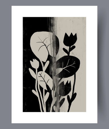 Still life herbs bohemian leaves wall art print. Printable minimal abstract herbs poster. Contemporary decorative background with leaves. Wall artwork for interior design.のイラスト素材