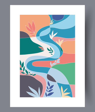 Landscape nature artistic asymmetry wall art print. Contemporary decorative background with asymmetry. Printable minimal abstract nature poster. Wall artwork for interior design.のイラスト素材