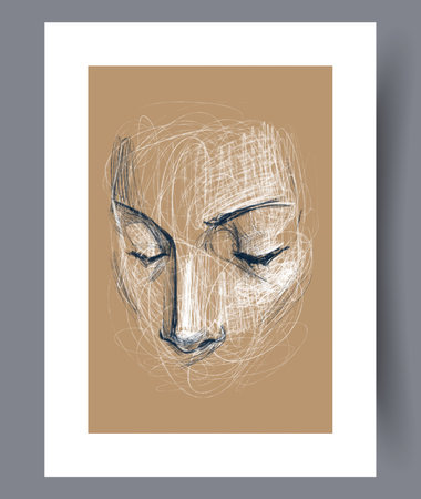 Portrait woman romantic face wall art print. Wall artwork for interior design. Printable minimal abstract woman poster. Contemporary decorative background with face.のイラスト素材