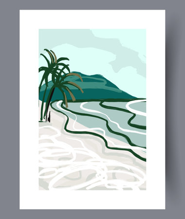 Landscape beach tropical coastline wall art print. Printable minimal abstract beach poster. Wall artwork for interior design. Contemporary decorative background with coastline.のイラスト素材
