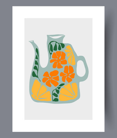 Still life jug floral kettle wall art print. Wall artwork for interior design. Contemporary decorative background with kettle. Printable minimal abstract jug poster.のイラスト素材