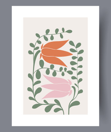 Still life plant floral buds wall art print. Printable minimal abstract plant poster. Contemporary decorative background with buds. Wall artwork for interior design.のイラスト素材