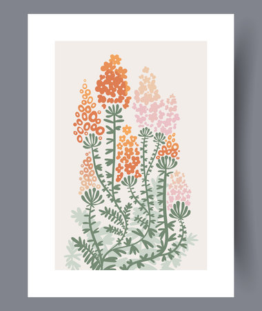 Still life herbs blooming meadow wall art print. Printable minimal abstract herbs poster. Wall artwork for interior design. Contemporary decorative background with meadow.のイラスト素材