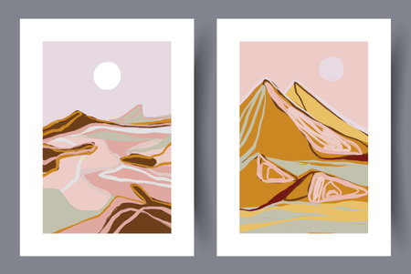 Landscape desert hot dunes wall art print. Wall artwork for interior design. Printable minimal abstract desert poster. Set, collection. Contemporary decorative background with dunes.のイラスト素材