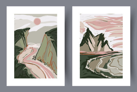Landscape gorge river nature wall art print. Printable minimal abstract gorge poster. Collection, set. Wall artwork for interior design. Contemporary decorative background with nature.のイラスト素材