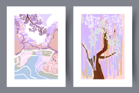 Landscape sakura japanese nature wall art print. Set, collection. Printable minimal abstract sakura poster. Contemporary decorative background with nature. Wall artwork for interior design.のイラスト素材