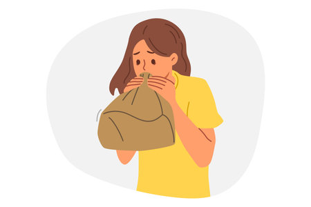 Woman experiences panic attack and breathing in paper bag, trying to recover from strong fright. Panic attack caused by psychological disorder causes inconvenience to girl, needs help psychotherapistのイラスト素材