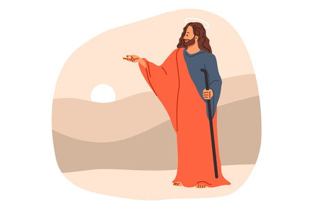 Jesus christ from bible and christian religion, stands near hills and sunset, giving parting words to followers. Messiah of catholic faith, jesus with kind expression on face extends hand forwardのイラスト素材