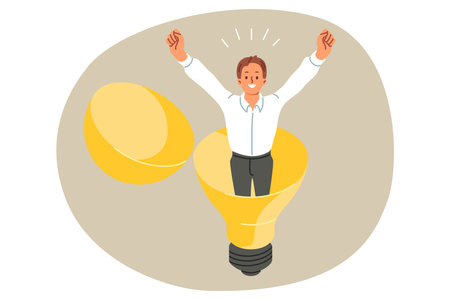 Happy businessman stands inside light bulb, raising hands up and rejoicing at new idea to accelerate professional growth. Man entrepreneur came up with business idea to improve marketing performanceのイラスト素材