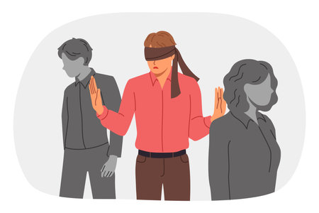 Blindfolded man wanders among colleagues, feeling insecure due to lack of professional qualifications. Blindfolded guy stands out from crowd needs help regaining spatial orientation.のイラスト素材