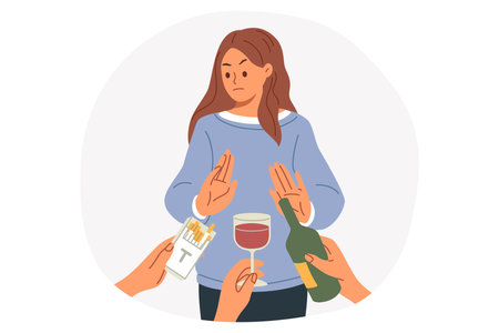 Woman gives up bad habits and makes stop gesture, rejecting offer to smoke or drink alcohol. Young casual girl overcome addiction and no bad habits near hands with cigarettes or wineのイラスト素材