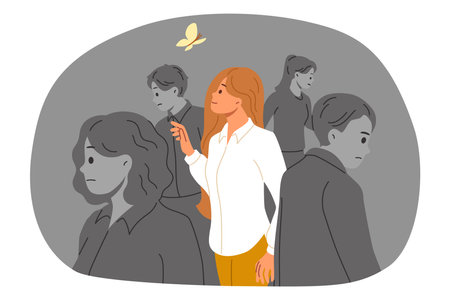 Thinking outside box and having creative approach allows businesswoman to stand out from crowd and see butterfly in gray world. Girl smiles looking at beautiful butterfly flying above passers-byのイラスト素材