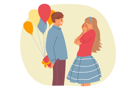 Romantic man makes birthday surprise for girlfriend, holding gift box and balloons behind back. Happy couple of girl closing eyes waiting for gift from boyfriend on relationship anniversary dayのイラスト素材