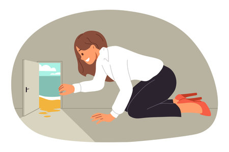 Business woman dreams of vacation and trip to hot island, looks at beach through small door. Concept office employee joy, upon appearance little opportunity arises to go on vacation to resortのイラスト素材