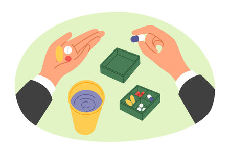 Antibiotics and vitamins in hands man standing near pillbox with medicines and glass of water. Painkillers antibiotics to defeat flu, purchased from pharmacies and produced by pharmaceutical companyのイラスト素材