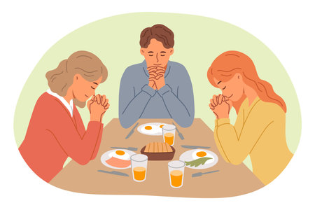 Lunchtime prayer from catholic family thanking god for presence of food on table and opportunity to eat deliciously. Christian lunchtime prayer read by two spouses and teenage daughterのイラスト素材