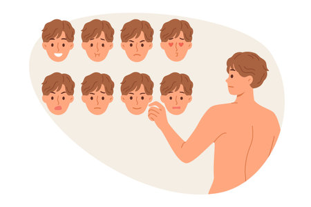 Man chooses mask with emotions to hide emotional excitement at important meeting. Metaphor of hypocrisy and lies using fake emotions or feedback about current news or people actionsのイラスト素材