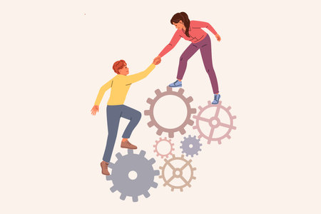 Business woman provides support to weak colleague by helping climb stack of gears, showing commitment to teamwork. Guy and girl from startup support each other to achieve career successのイラスト素材