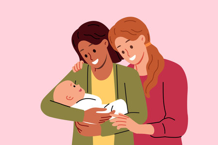 Lesbian couple of two women adopted baby, thanks to new law legalizing LGBT marriages. Happy lesbian girls experience instinct of motherhood and want to have child in same-sex familyのイラスト素材