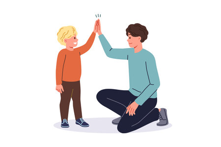 Father supports young son by high-fiving boy and raising child on own after divorce from mother. Young single dad smiles while communicating with son, celebrating father family dayのイラスト素材