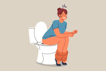 Woman poops sitting on toilet and suffers from constipation caused by indigestion or stomach problems. Girl pushing on toilet in WC, needing medicinal laxatives to normalize healthのイラスト素材