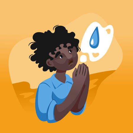 African boy asks god for water, praying for rain during drought in desert, and needs humanitarian assistance. Concept importance of land reclamation on african continent, to combat lack of riversのイラスト素材