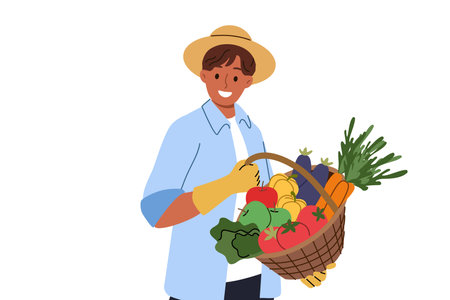 Man farmer holds basket of fresh vegetables in hands, rejoicing at excellent harvest, and smilingly looks at screen. Farmer guy in hat and gloves sells organic products filled with vitamins at fairのイラスト素材