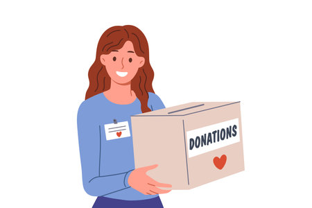 Woman volunteer holds donations box to collect money for people who have lost jobs or become homeless. Volunteer girl looks at screen with smile, offering to donate savings to new charity foundation.のイラスト素材