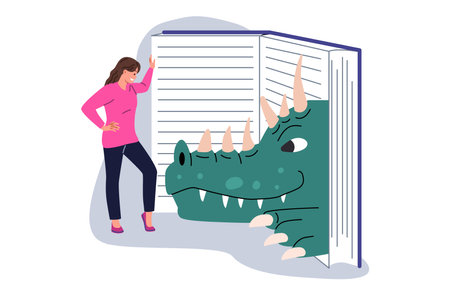 Woman is reading book about zoology and reptiles, standing near encyclopedia with dinosaur head. Girl reads useful book about dinosaurs inhabiting planet earth before fall of meteoriteのイラスト素材