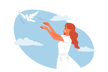 Woman launches dove into sky, symbolizing peace and harmony or hope for better future for people. Dove bird takes off from hands of religious girl, experiencing joy in communicating with animal worldのイラスト素材