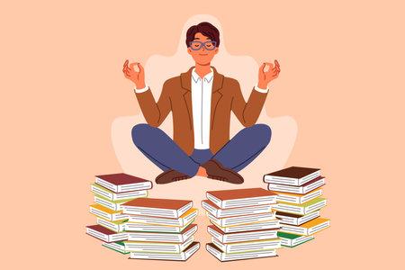 Man does yoga and meditation, taking break from reading books, levitating in lotus position to restore energy. Guy will become interested in yoga practices that help maintain good mental healthのイラスト素材