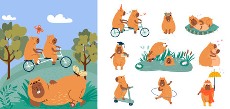 Happy copybars relaxing in nature and riding bicycles or diving into swamp to cool off in hot weather. Collection of several cute animals for design of copybars day cards or children clothingのイラスト素材