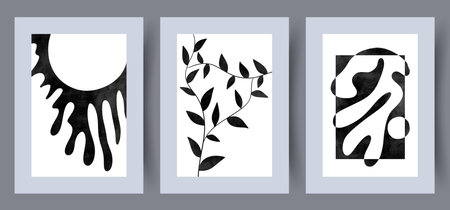 Abstract sketches spots plants wall art print. Set, bundle. Printable minimal abstract sketches poster. Wall artwork for interior design. Contemporary decorative background with plants.のイラスト素材