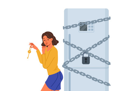 Woman starting diet locked refrigerator to reduce number of calories from food consumed. Funny girl wants to break diet and have dinner at night, due to lack of willpower and motivationのイラスト素材