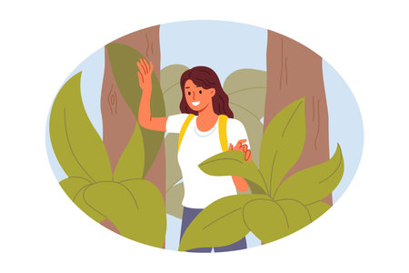 Woman went on forest hike or expedition, walks among trees and enjoys wild nature. Girl is interested in outdoor activities in exotic jungle, and goes on hike in search of adventure.のイラスト素材