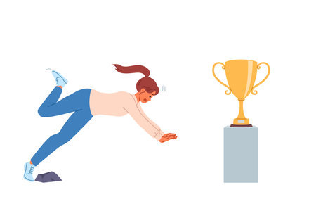 Woman falls on path to success and fail in desire to get golden cup symbolizing leadership in society. Fail for businesswoman who stumbles while performing task and does not deserve rewardのイラスト素材